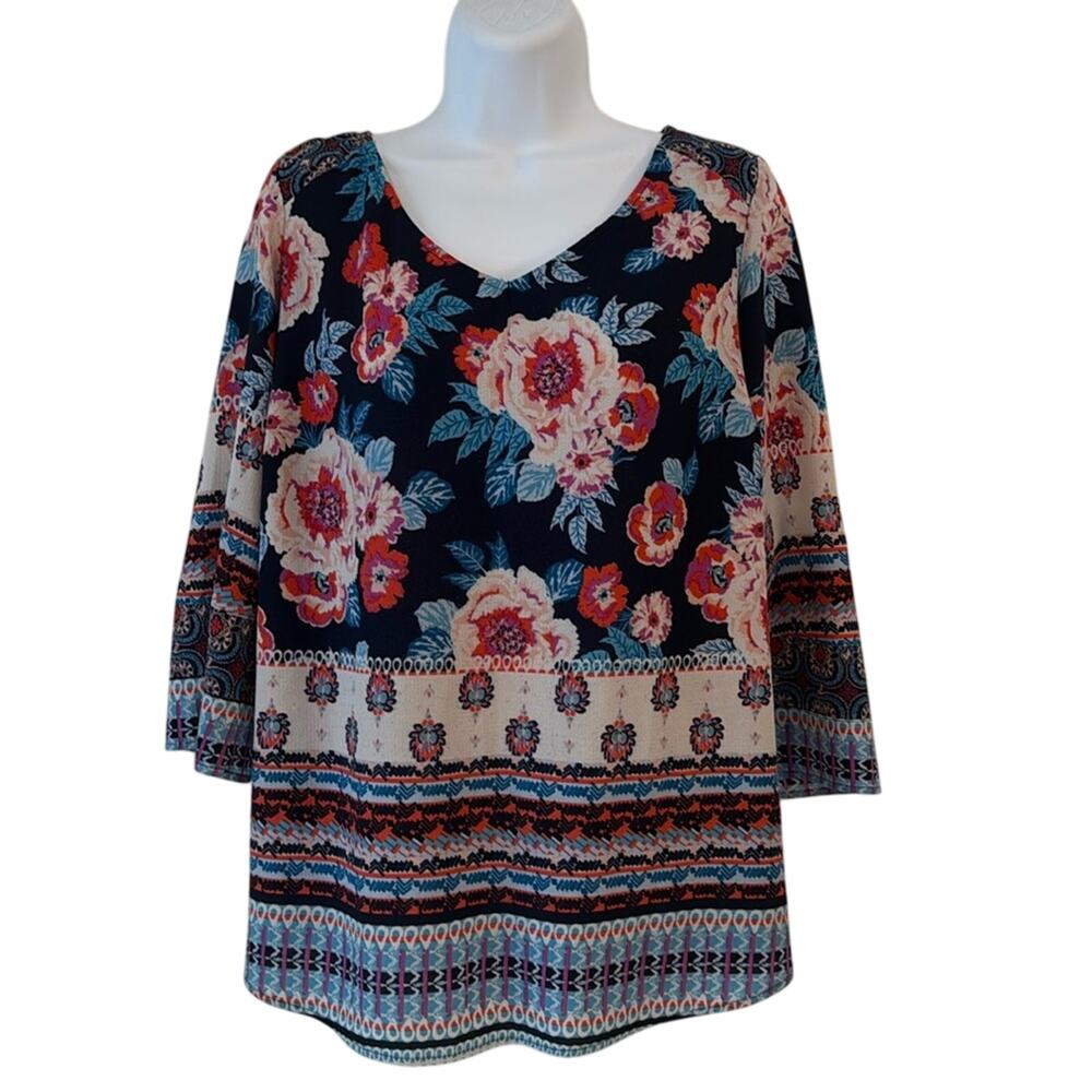 Fig And Flower Womens Boho Floral 3/4 Sleeve Top Size 1X Crepe Hippie EUC